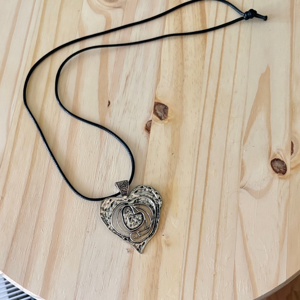 Silver Heart Pendant Necklace on Black Cord